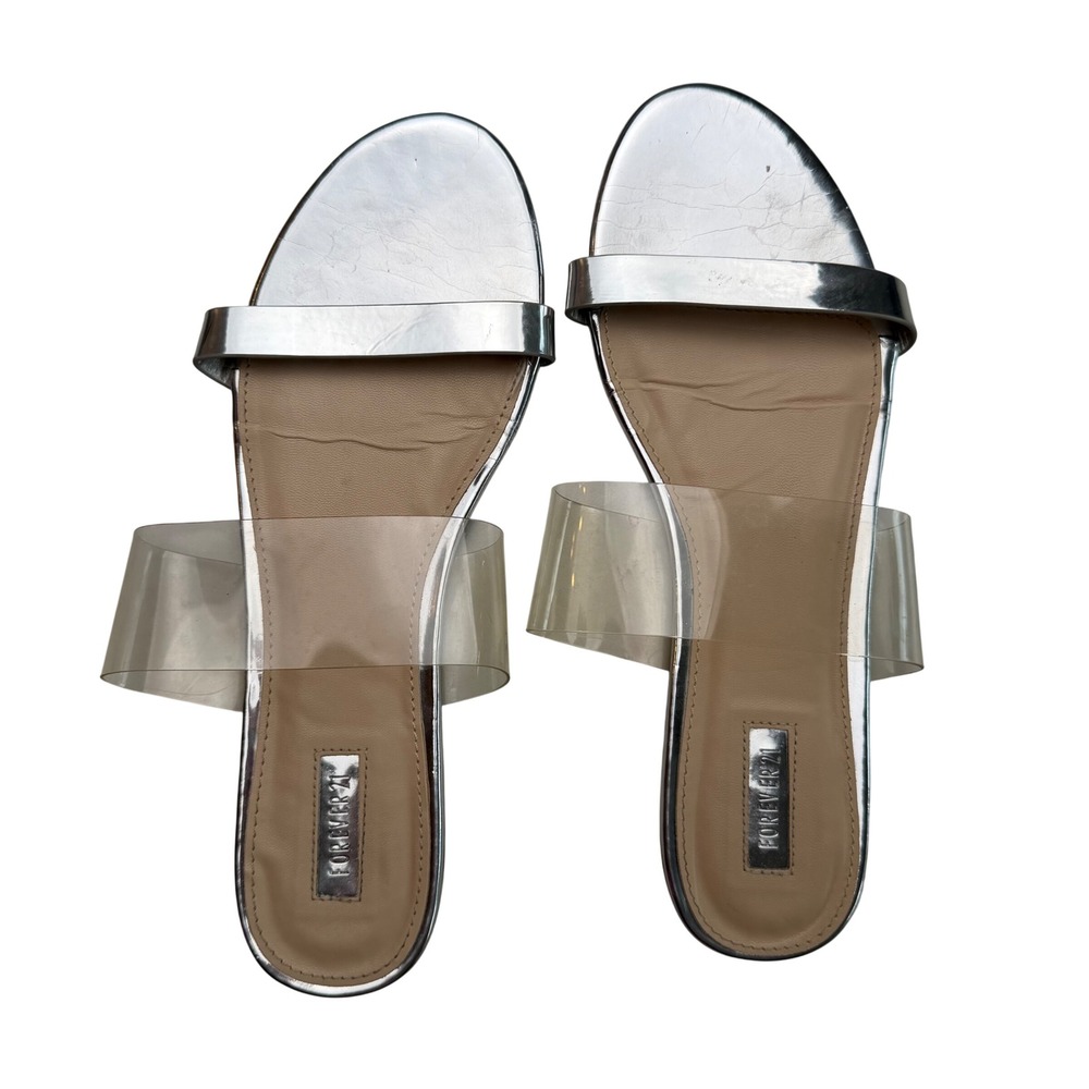Forever 21 Silver Metallic Clear‎ Strap Slide Sandals Flats Minimalist Y2K 10